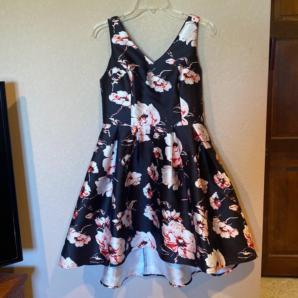 Black, white, and pink floral formal dress A-line